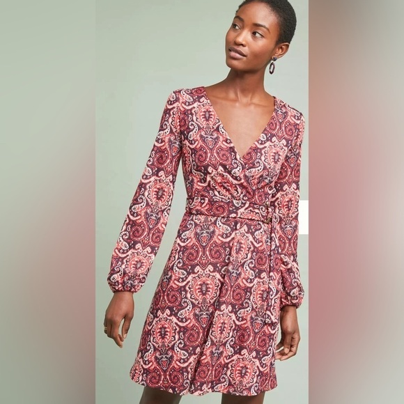 Anthropologie Maeve Pink Floral long sleeve Belted stretch knit dress size L - Picture 3 of 16